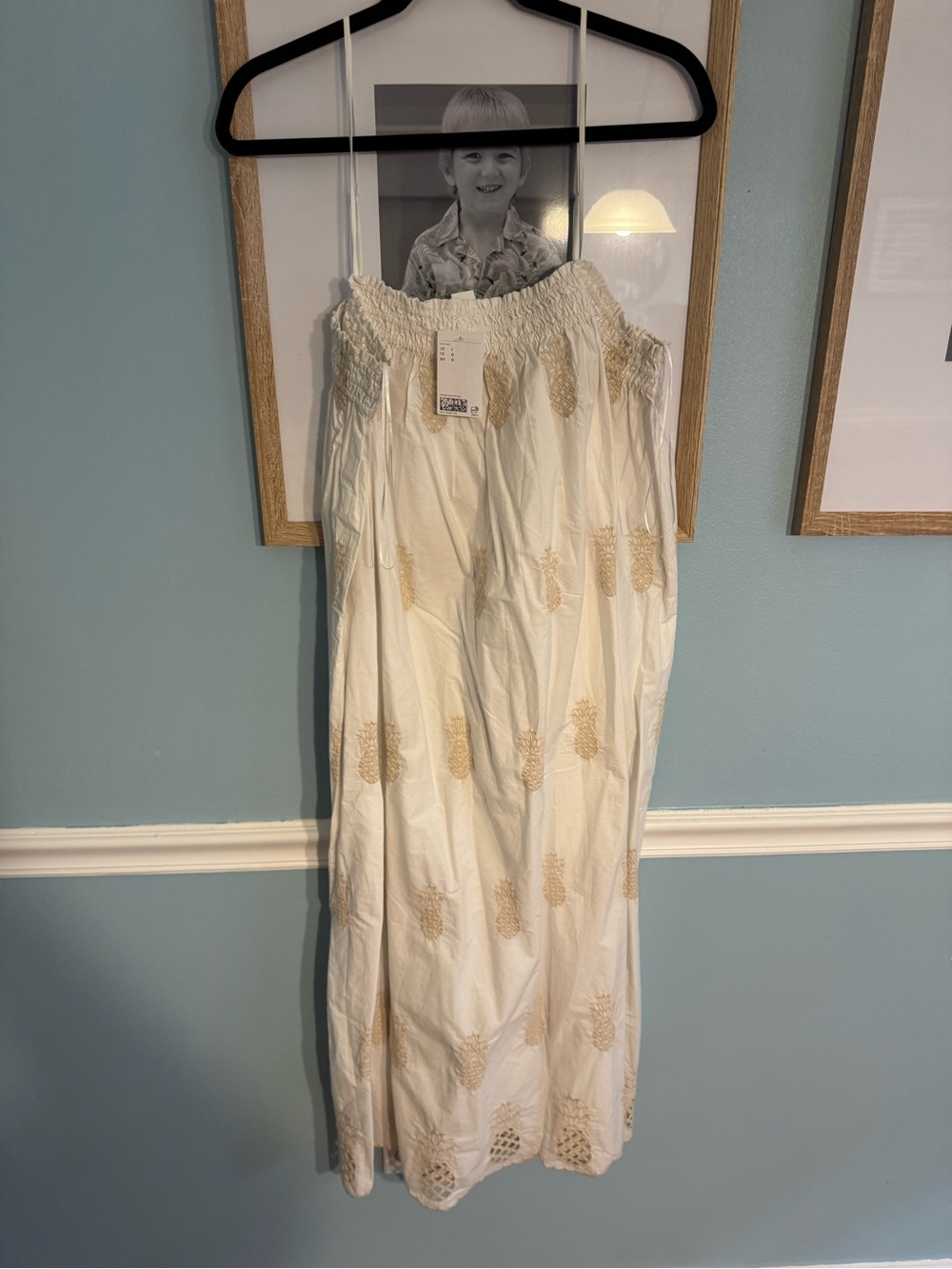 H&M Cream Maxi Dress with Tan Embroidered Pineapple Motif